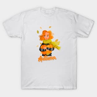 Woman Hugging Pumpkin in Autumn T-Shirt